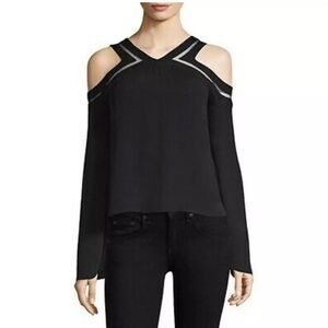 Ramy Brook Lex Cold Shoulder Longsleeve Blouse Top Silk Black Mesh Small S